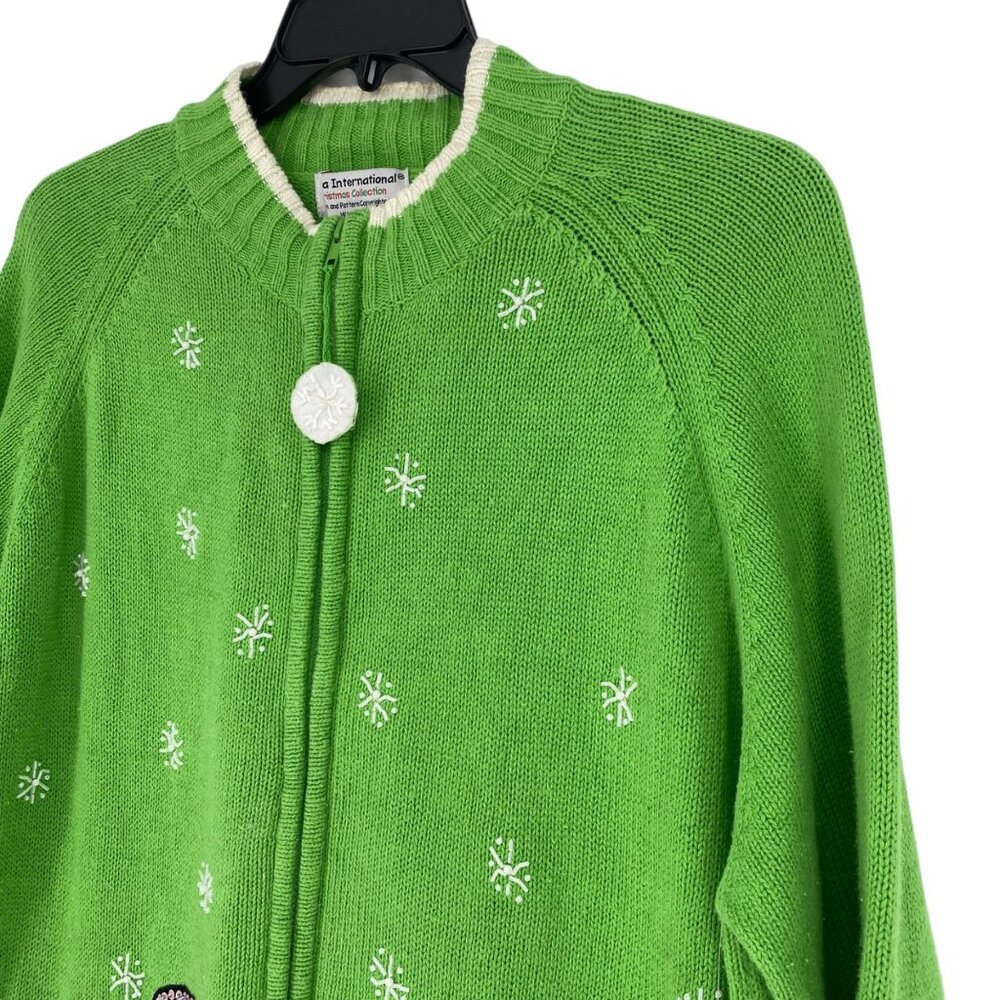 Tiara International Xmas Sweater 26/28 Green Zip Front Snowmen Cozy Holiday Wear - Picture 12 of 13